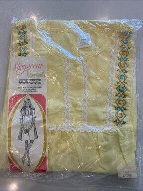 Vtg 1970s Gaymode JC Penney Yellow Cotton Blend Pajamas Dress L Large Lace Embro